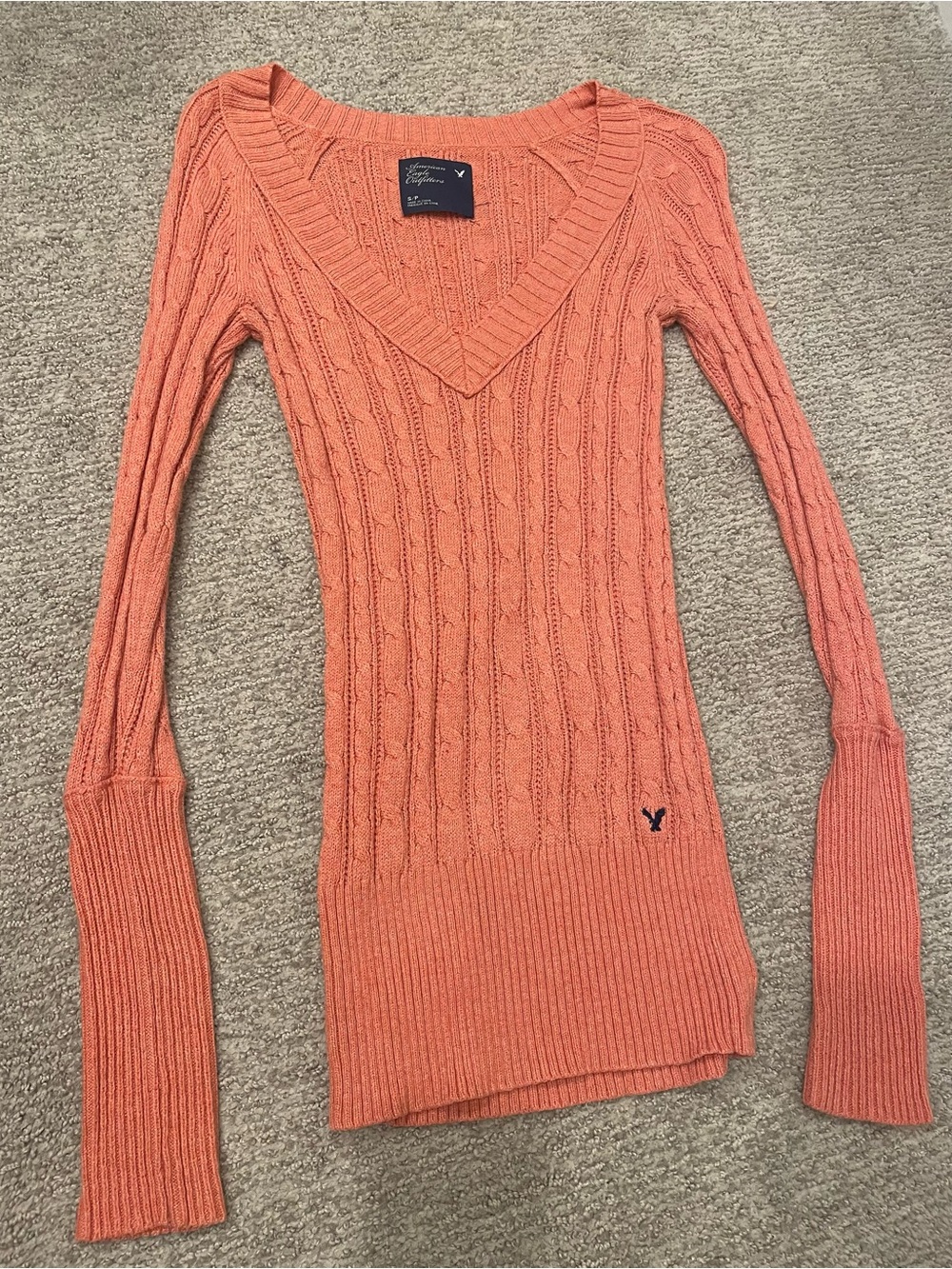 American Eagle Outfitters Coral Cable Knit V-Neck Sweater